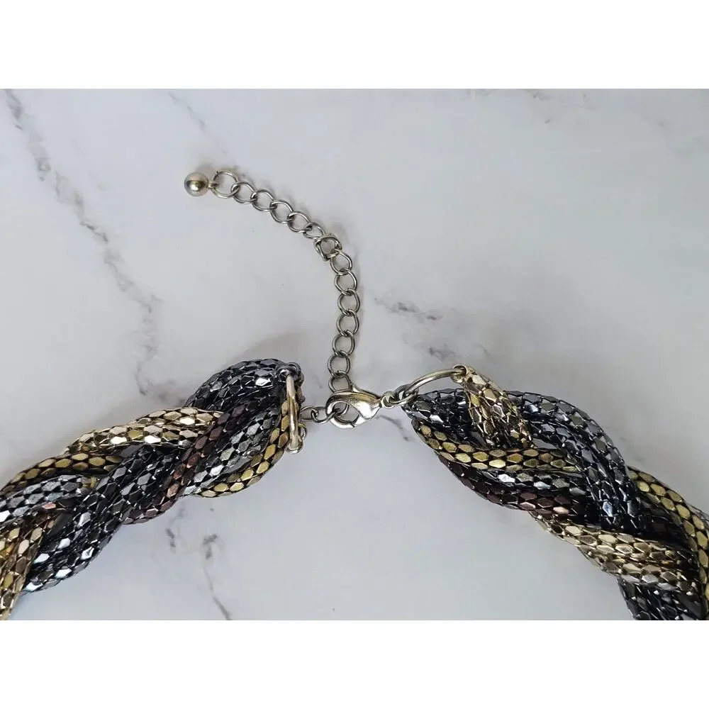 Vtg Herringbone Collar Necklace Tri Color Braided Metal 1980s